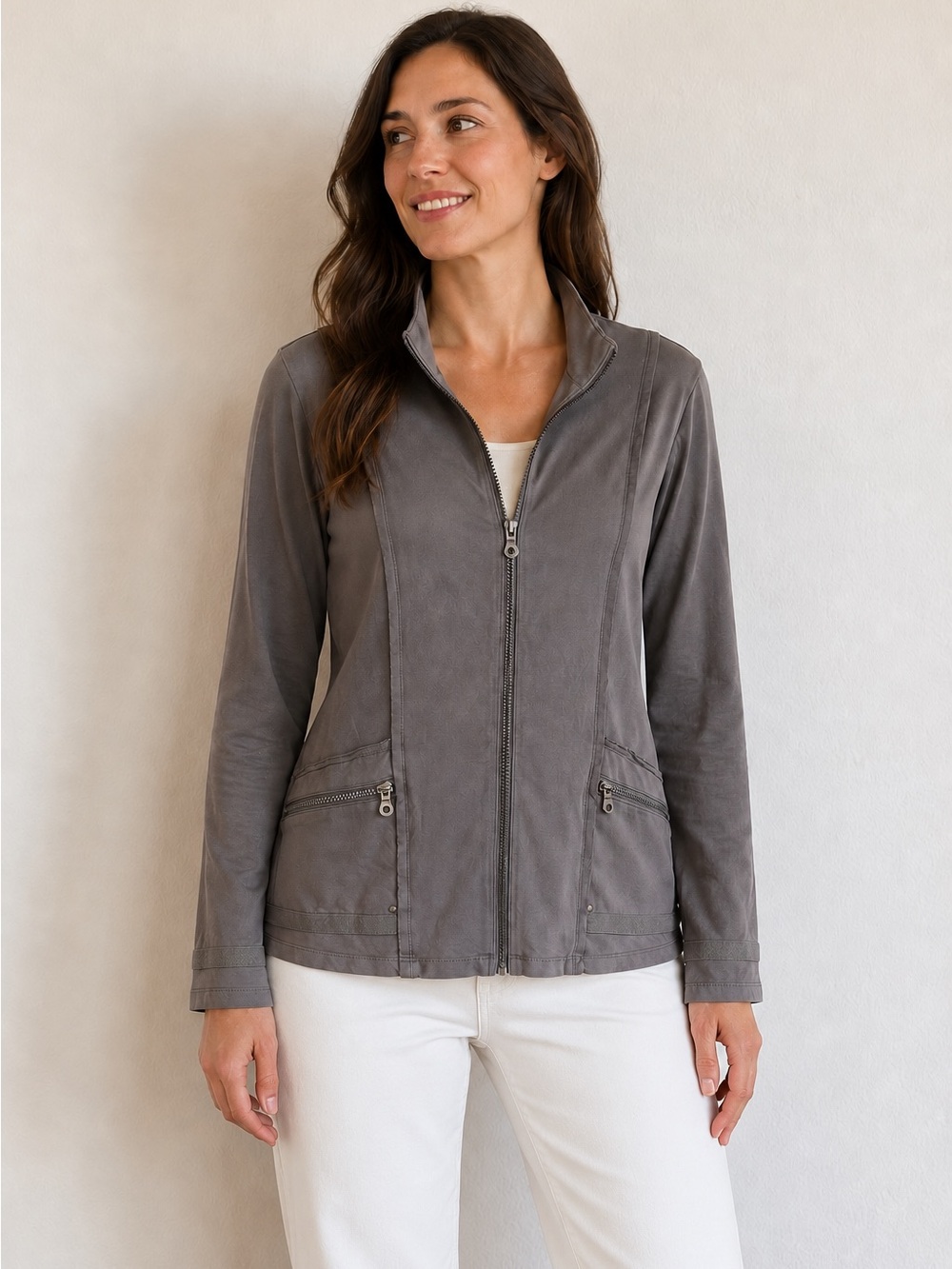 Neon Buddha Gray Cotton Stretch Zip Jacket Button Back Pockets Size M